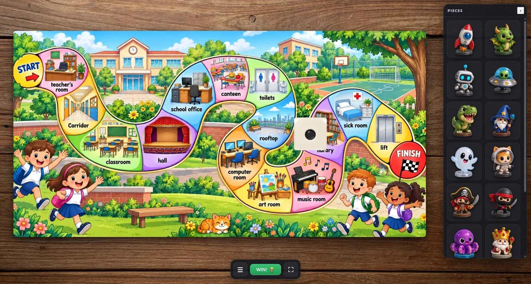Special Board Game: a vocabulary board, colourful pieces and dice on a wooden table