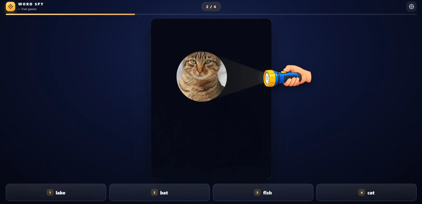 Word Spy gameplay with a flashlight revealing a cat in the dark and four word choices below