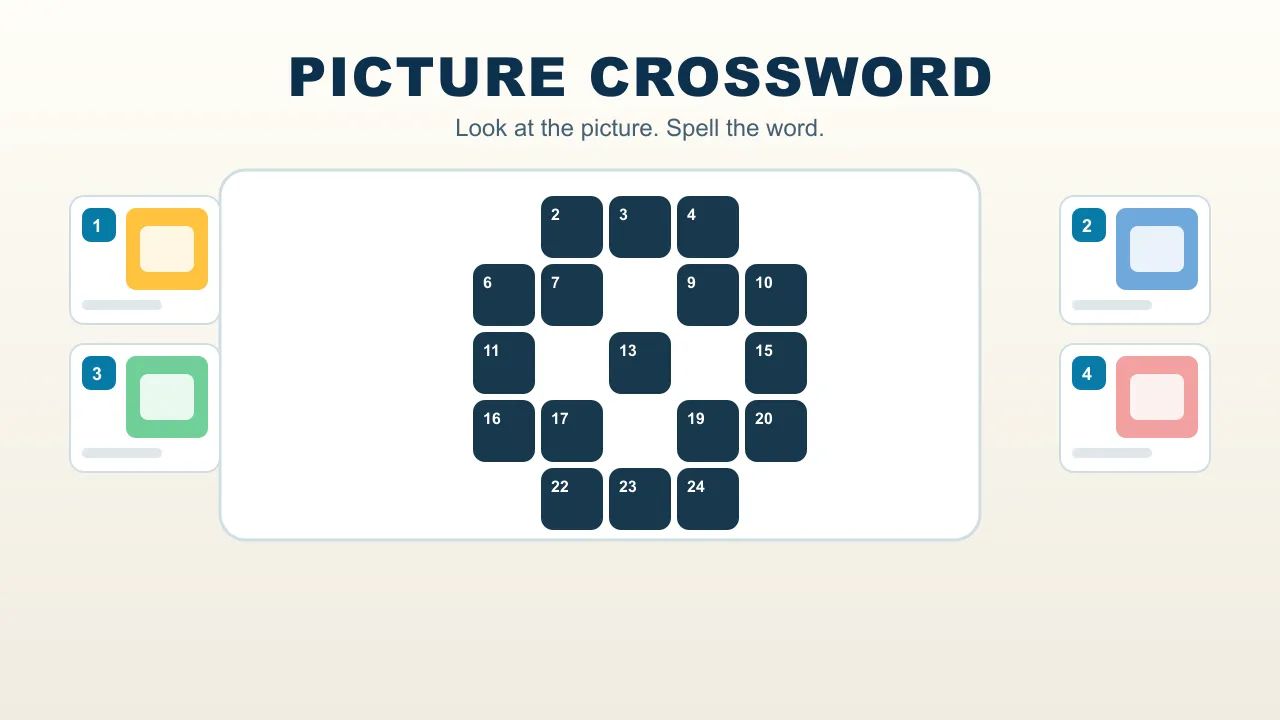 Picture Crossword gameplay with numbered picture clues beside a crossword grid and a timer bar