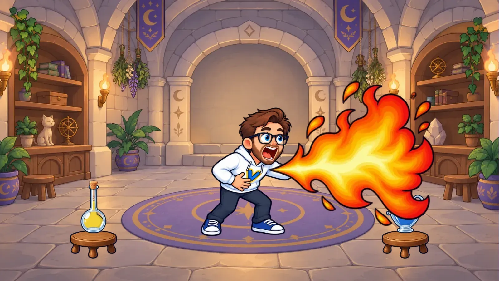 Teacher Vik burps a huge cartoon flame after drinking the red potion in a magic potion lab