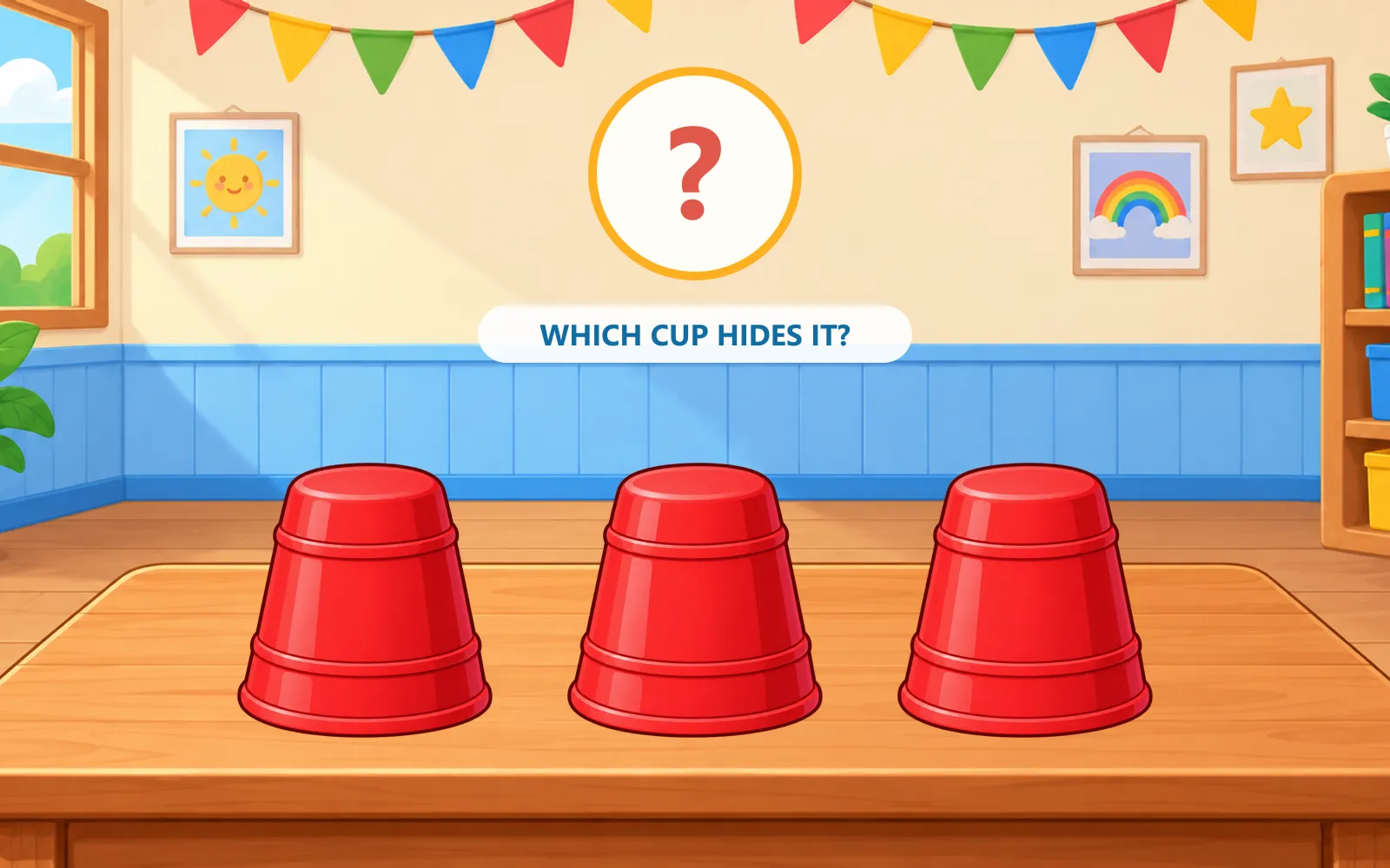 Three red cups on a classroom table with a hidden picture preview and the question “Which cup hides it?” above them