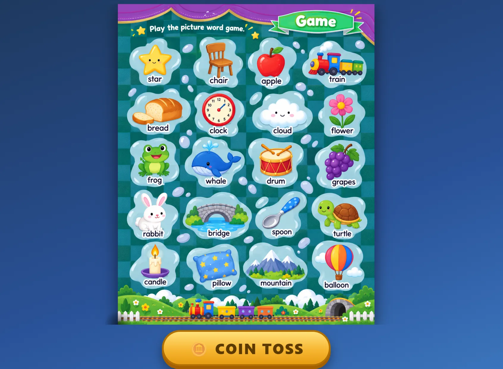 Coin Toss with the colourful picture word sheet and the gold Coin Toss button, as shown in the supplied preview