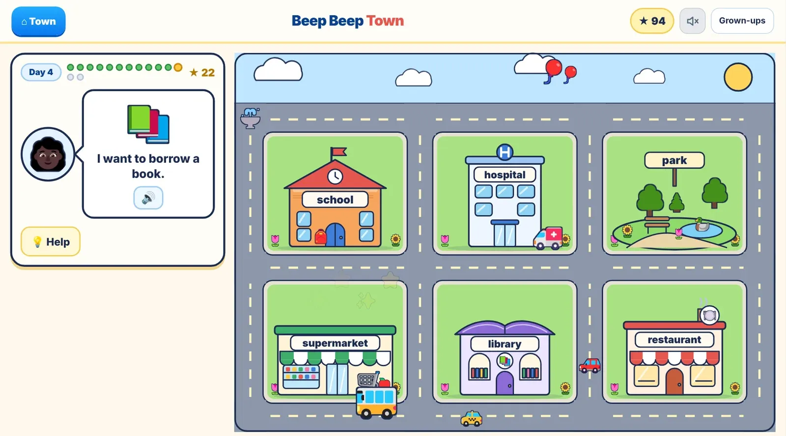 A cartoon town map with a school, hospital, park, supermarket, library and restaurant, a yellow bus, and a passenger asking to borrow a book