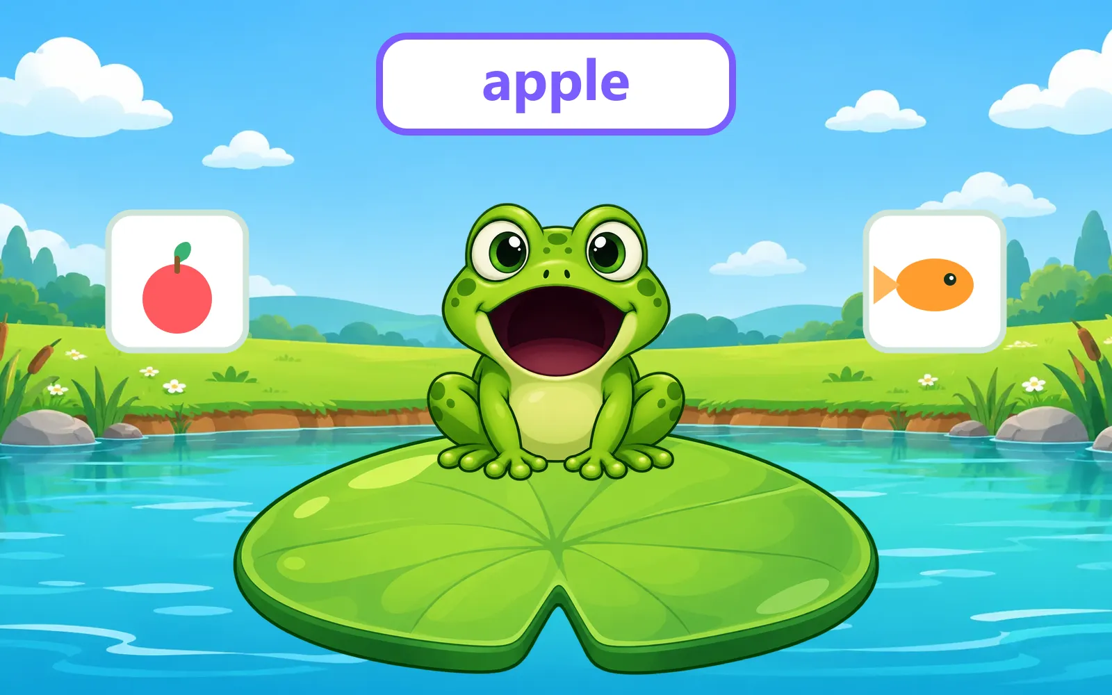 Word Muncher gameplay with a frog on a lily pad, a word card and floating picture cards over a pond