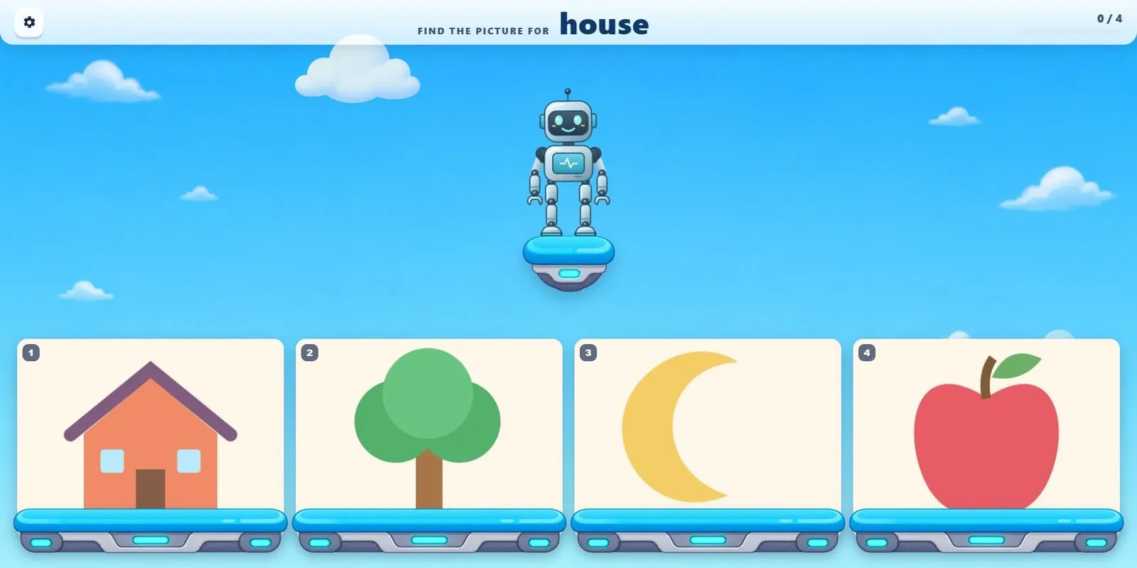 Robot Jump gameplay with a silver robot on a floating platform and four vocabulary picture choices