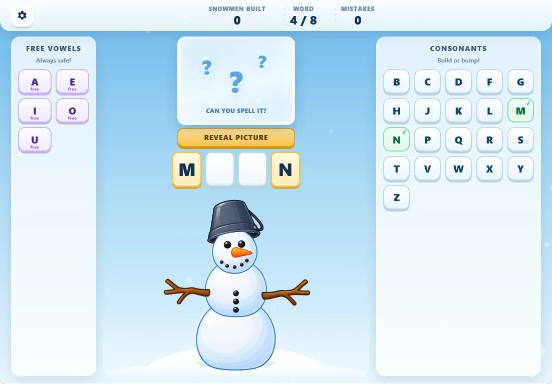 Snowman Builder gameplay with free vowels, a hidden mystery picture, consonant letters and a part-built snowman