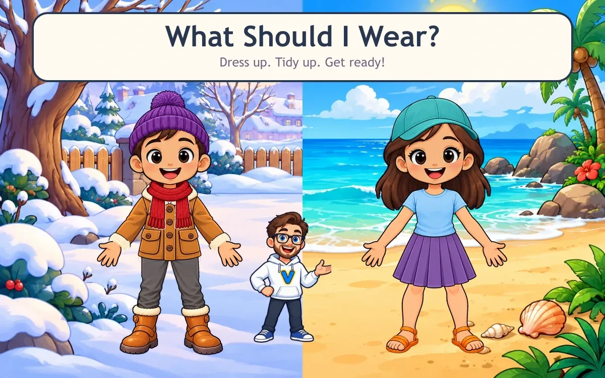 Vik and two friends dressed for snowy and sunny adventures in What Should I Wear?